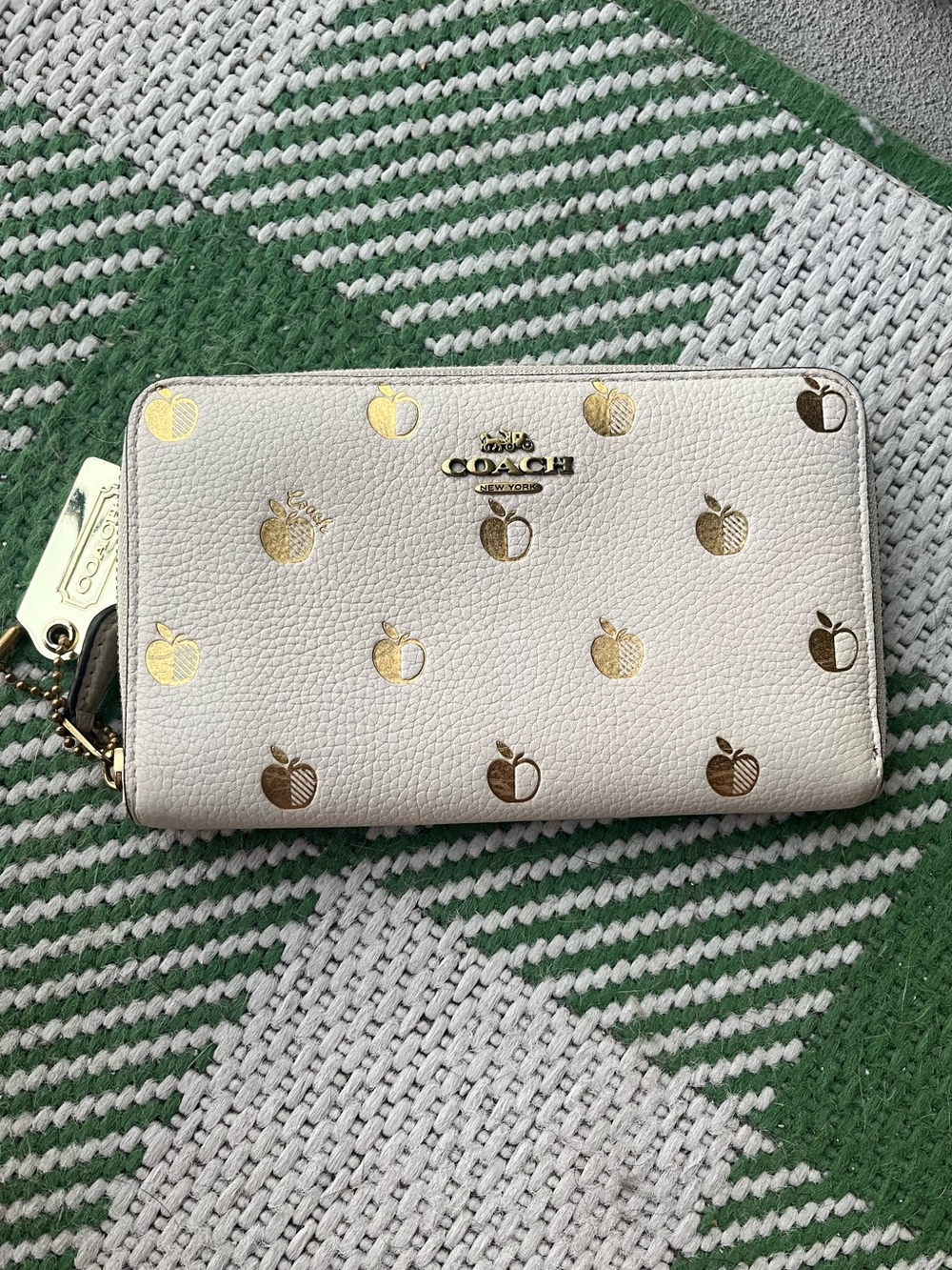 Coach Cream Zip Around Wallet with Gold Apple Motif